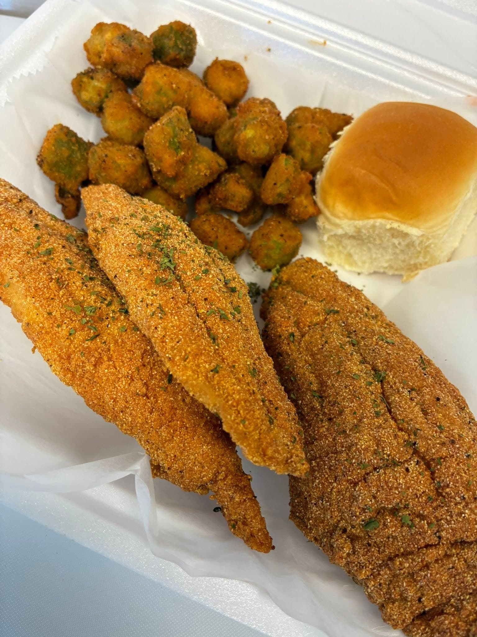 Two-piece fish plate with fried okra
